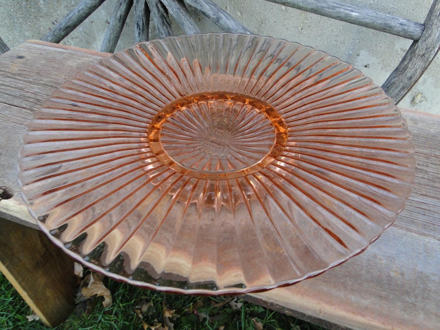 Vintage pink depression glass round platter 12 ribbed