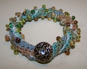 Beaded Bracelet Blue Green Ivory and Tan Handmade Textile Jewelry