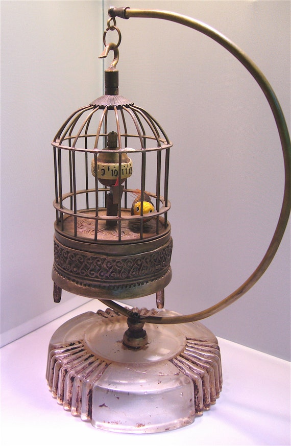 Clock Vintage wind up Bird Cage Brass Miniature 1930's