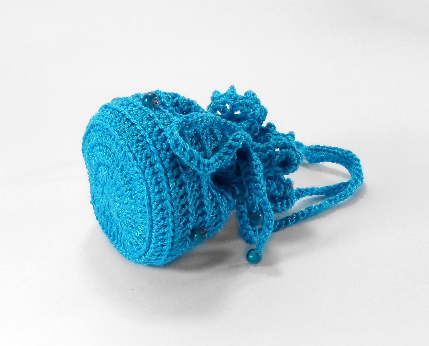 Small Crochet Pouch Jewelry Bag with Drawstring Blue by Smalkumi
