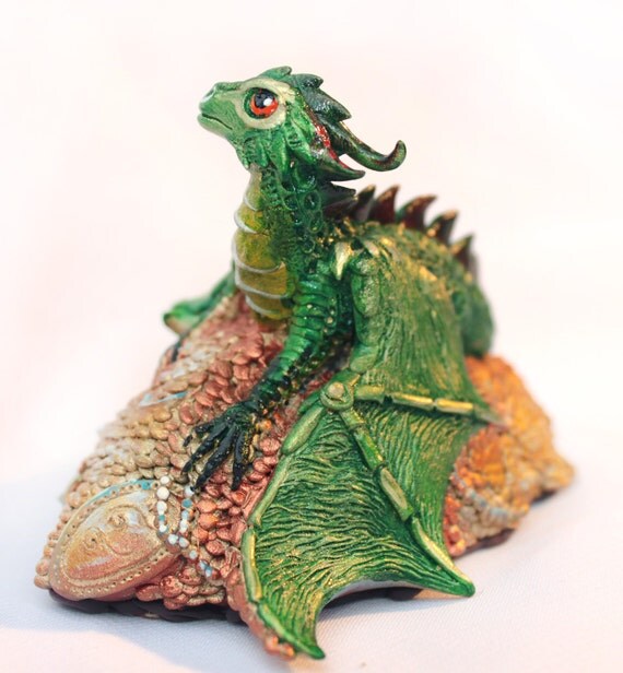 Dragon handmade figurine gold and green fantasy magic gift