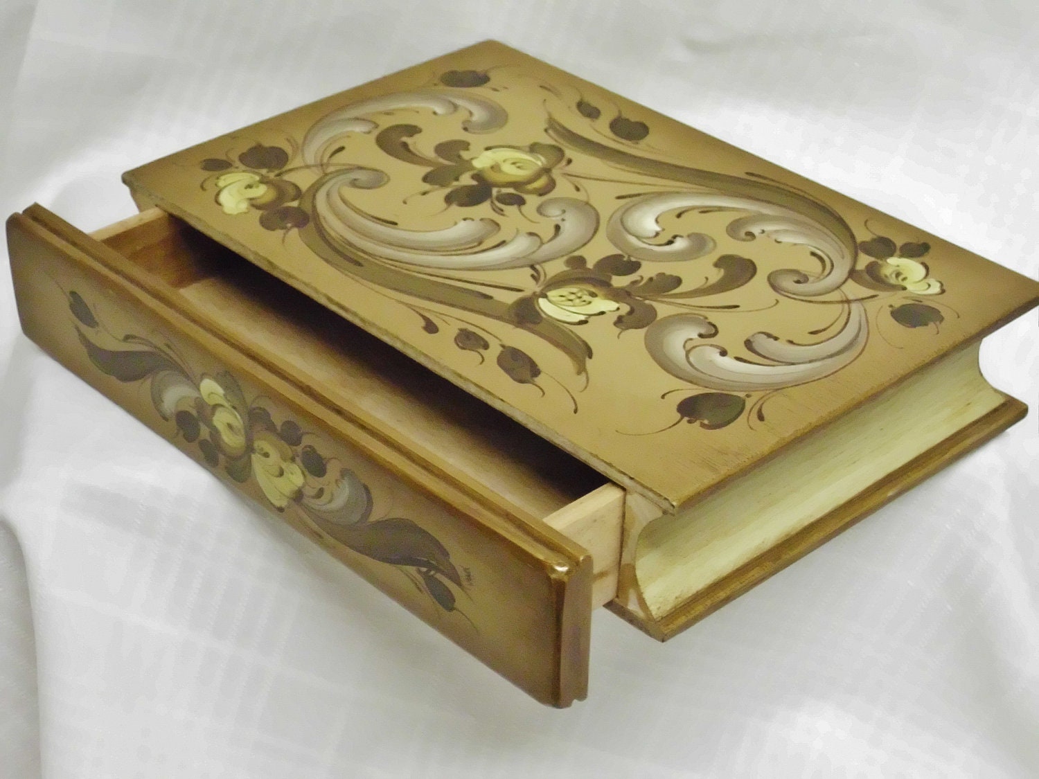 Rosemaled Wooden Book Box with Secret Drawer
