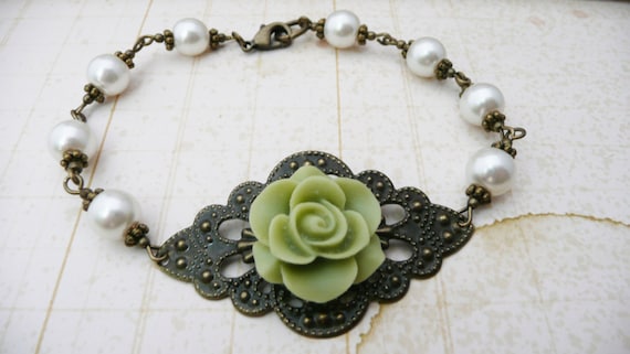 20% off Sale! Multistrand sage rose  filigree and pearl bracelet, green resin flower bracelet, bridal jewelry, brass filigree jewelry No. B5