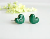 Emerald Green Tiny Post Earrings Heart Ceramic Modern Studs, Spring Fashion Every Day Jewelry