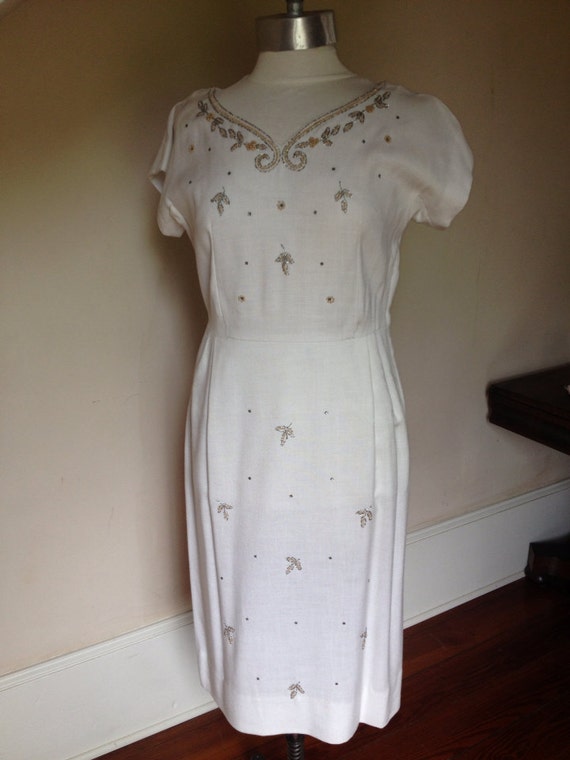 1960's White Linen Cocktail Dress w/ Beading