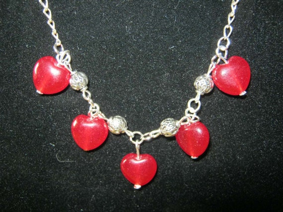 Handmade Silver Necklace with Red Jade Hearts by IreneDesign2011