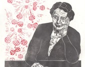 Lise Meitner and Nuclear Fission Linocut History of Physics - Lino Block Print Scientist Portrait, Women in STEM, History Nuclear Physics,