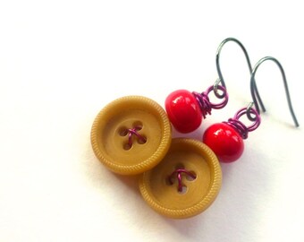 Tan Button Earrings with Pink