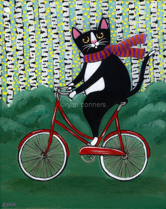 Fat Cat On A Bicycle Original Folk Art Painting