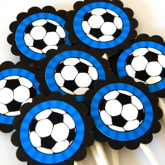 Soccer Cupcake Toppers Scalloped Circles - Blue, Set of 12 Il_570xn