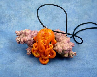 Orange Octopus Necklace, Polymer Clay Cephalopod Jewelry