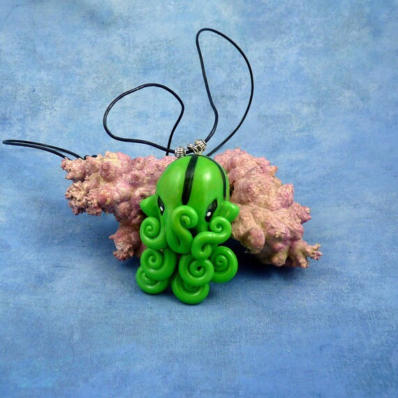 Green Octopus Necklace Handmade Polymer Clay Jewelry by Noadi