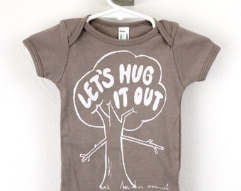 organic baby bodysuit tree hugger print Let's Hug It Out screen printed