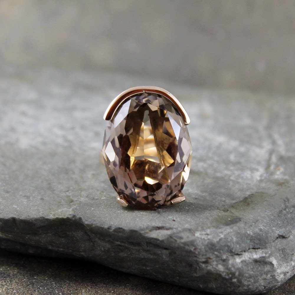 Smokey Quartz Ring 14K Yellow Gold Vintage Cocktail Ring