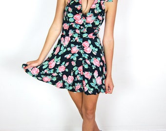 Adorable Pink & Black Floral Patterned Halter Dress XS