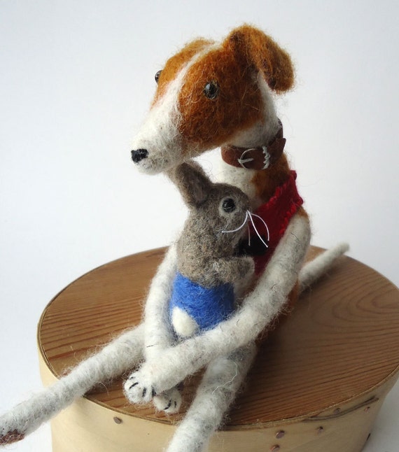 Needle felted Animal Felted Greyhound with Little Bunny Miss Bumbles