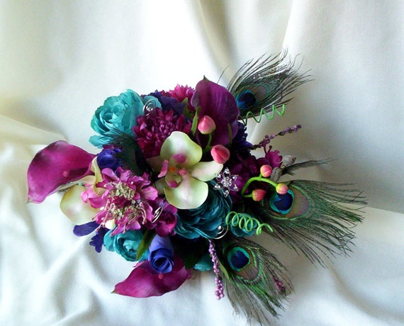 Fuschia Peacock feather wedding flower package bridal bouquet