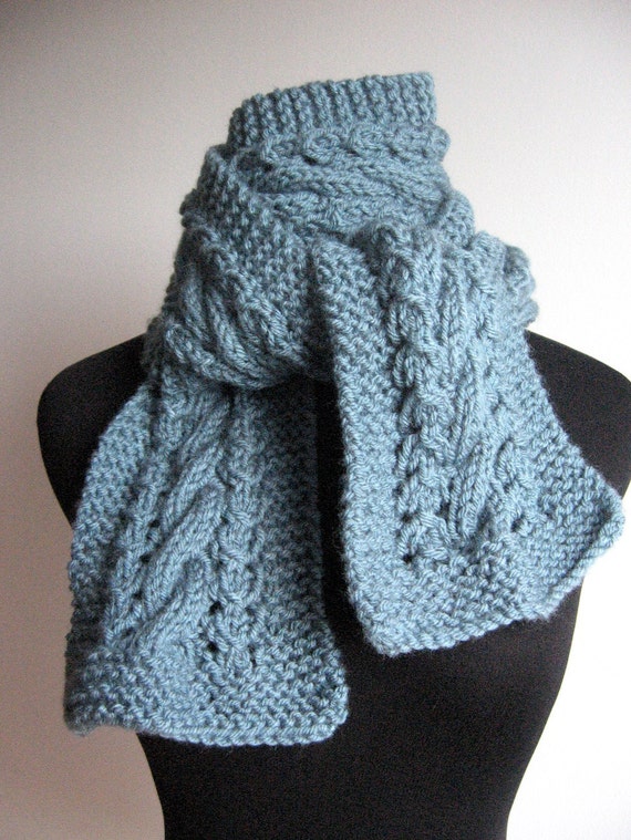 Dusty Blue Cable and Lace Hand Knit Scarf The Stef by KnitsByNat