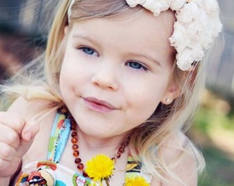 Ivory Hair Bow - Ivory Chiffon Rose Hair Bow Headband or Hair Clip - Baptism, Christening, Wedding, Baby, Toddler, Child Girls Headband
