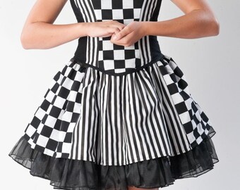 Harlequin Circus Costume Skirt with Petticoat, Bodice, Neck Collar Goth Gothic Womens M L Halloween Costume Black White Striped Checkered