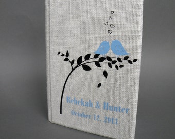 Wedding Guest Book / Wedding Book / Rustic Wedding Guest Book / Linen Guest Book Size 6.1 inches X 8.3 inches Light blue birds black leaves