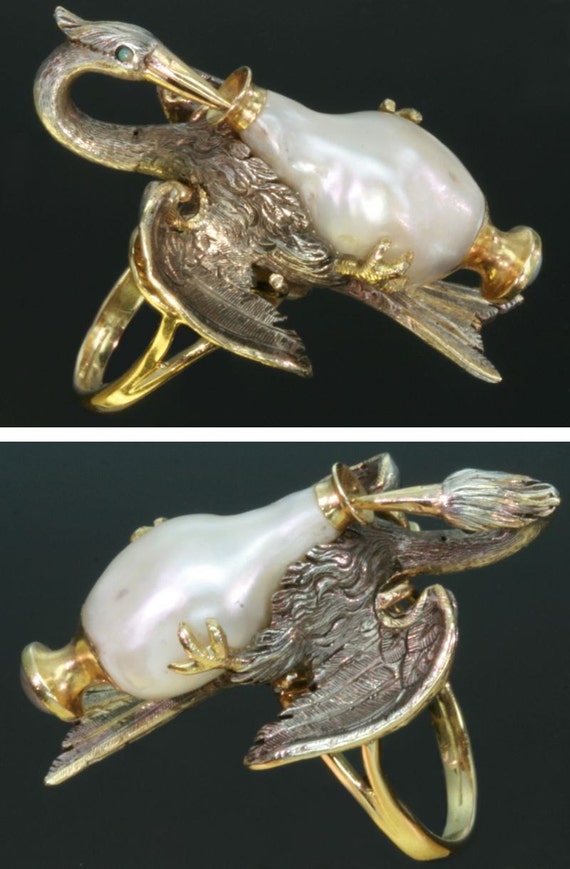 French Antique Ring, baroque pearl, stork Aesops fable, Victorian jewellery