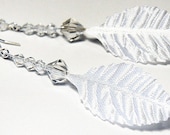 White Silk Feather Earrings . Fabric Leaf. Clear Crystal. Sterling Silver. Summer Fashion. White Wedding. Bridesmaids Gift