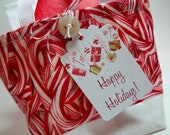 Candy Cane Small Gift Bag, Reusable Fabric Holiday Gift Wrap, Happy Holidays Tag, Handmade, Needlecraft Holiday, December, Red, White