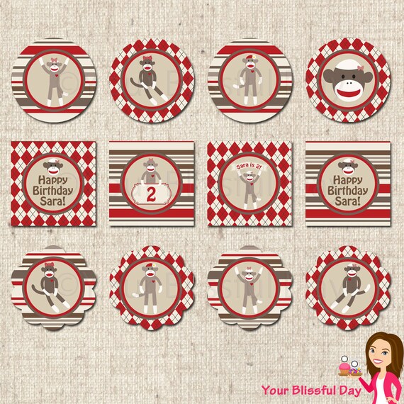 PRINTABLE Girl Sock Monkey Party Circles (Personalized) Il_570xn