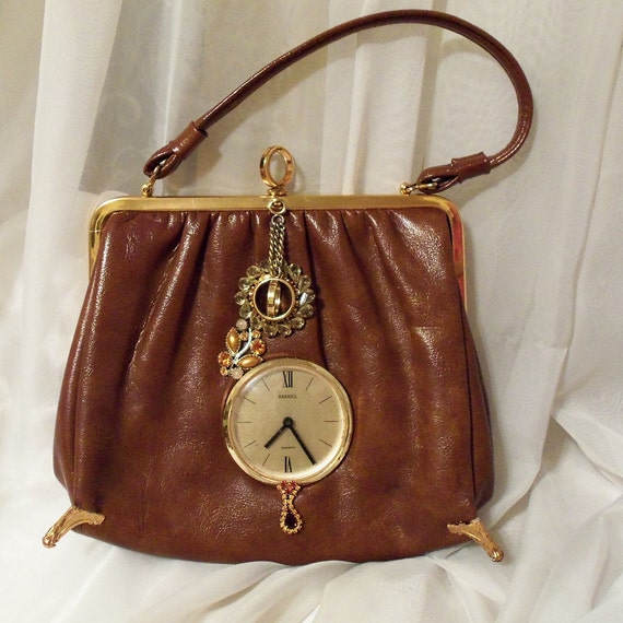 Clock Purse, Unique brown vintage handbag adorned with vintage ...