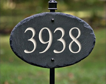 STONE House Numbers Address Plaque / LAWN STAKE / Carved / Marker /Slate / Sign #E-8c