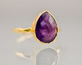 Purple Amethyst Ring Gold - February Birthstone Ring - Purple Stone Ring - Stacking Ring - Gold Ring - Tear Drop Ring