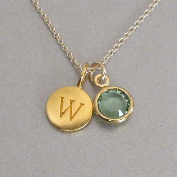 Gold Initial & Birthstone Charm Necklace by tangerinejewelryshop