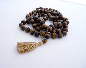 Tiger eye mala - 12mm beads knotted full mala - Handknotted by Sphalie
