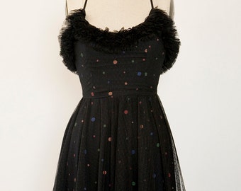 Black tulle party dress with ruffles and colorful polka dots