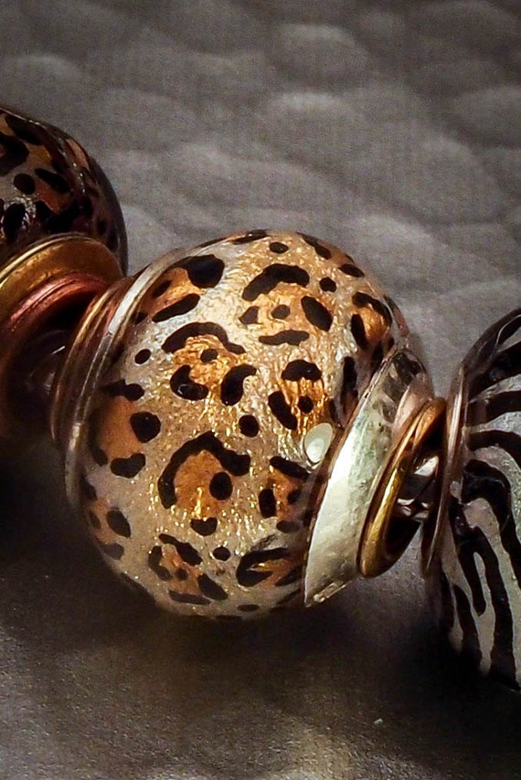 Items similar to Leopard Sparkle Glass Bead Lampwork Euro Big Hole