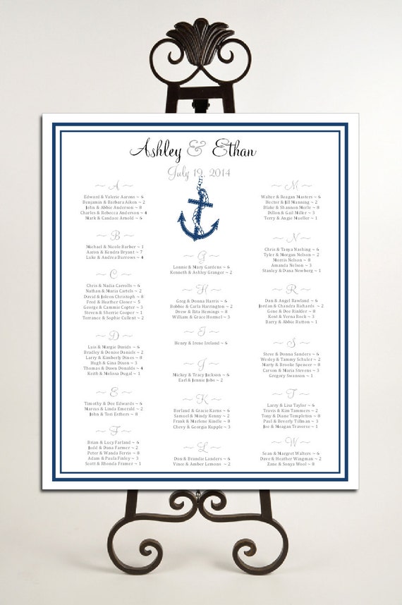 Nautical Beach Seating Chart for Wedding Table Assignments for