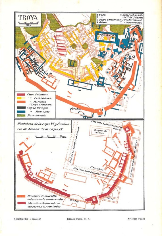 Items similar to Troy Archeological City Map 1920s Trojan Fortress and ...