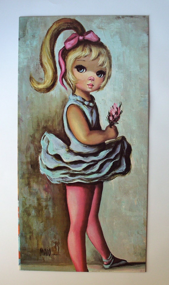 60s Maio Big Eyed Kid Ballet Girl with Flower Modern Art Print