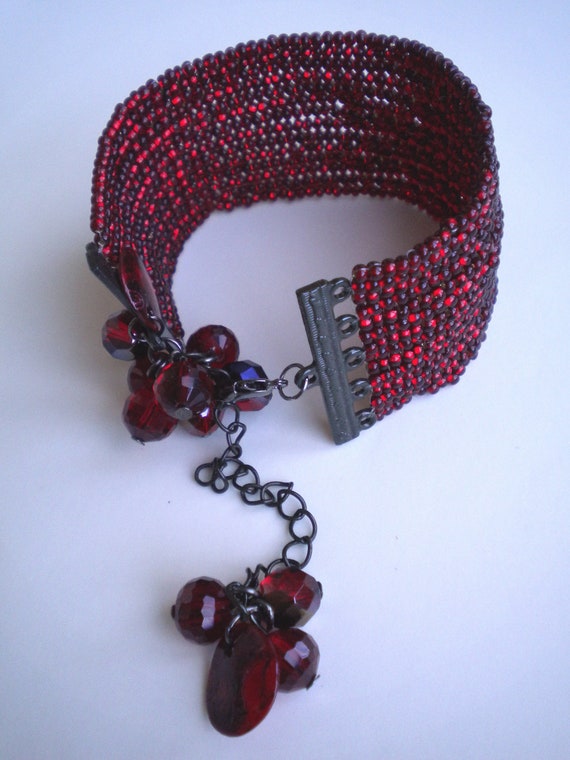 Burgundy bracelet, wine red bracelet, berry red bracelet, beaded wide bracelet cuff