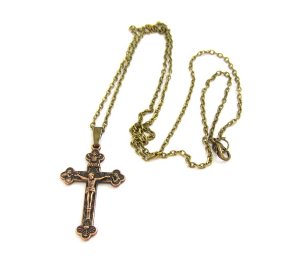 Items similar to Crucifix Necklace Bronze Pendant Jewelry Cross