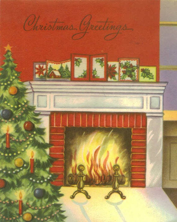 Vintage Christmas Card Fireplace and Tree by TheVintageGreeting