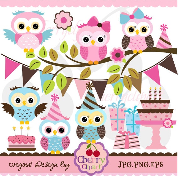 Pink Brown and Blue cute owls birthday digital clipart set for