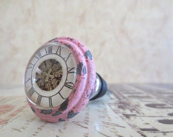 Wine Bottle Stopper - Distressed Pink Clock Wine Stopper