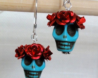 Dia de los Muertos Earrings - Turquoise Skull w/ Red Flowers