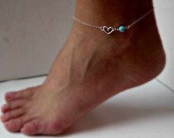Silver Anklet Teen Gift Beach Wedding Heart with Turquoise Silver Gold or Rose Gold Sorority gift Wedding Gifts Something blue Shower Gifts