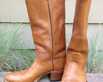 Vtg 70s Handcrafted USA Chestnut Brown Tall Cowboy Boots Mens Size 9