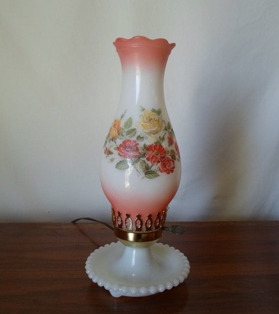 Vintage Milk Glass Table Lamp Night Light Hand Painted