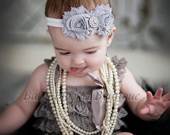 Baby Headband Shabby Headband Shabby chic Headband Gray rhinestone newborn headband flower headband baby girl headband