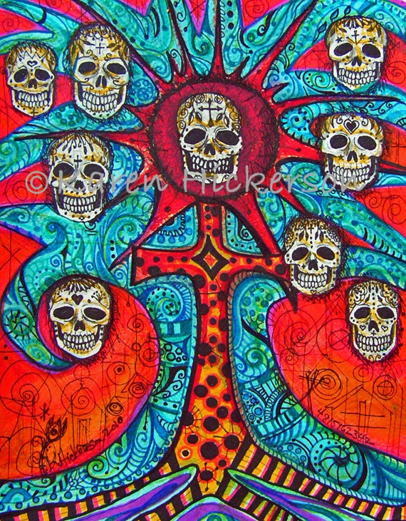 Dia de los Muertos FOLK ART PRINT Mexican Tree of Life Sugar